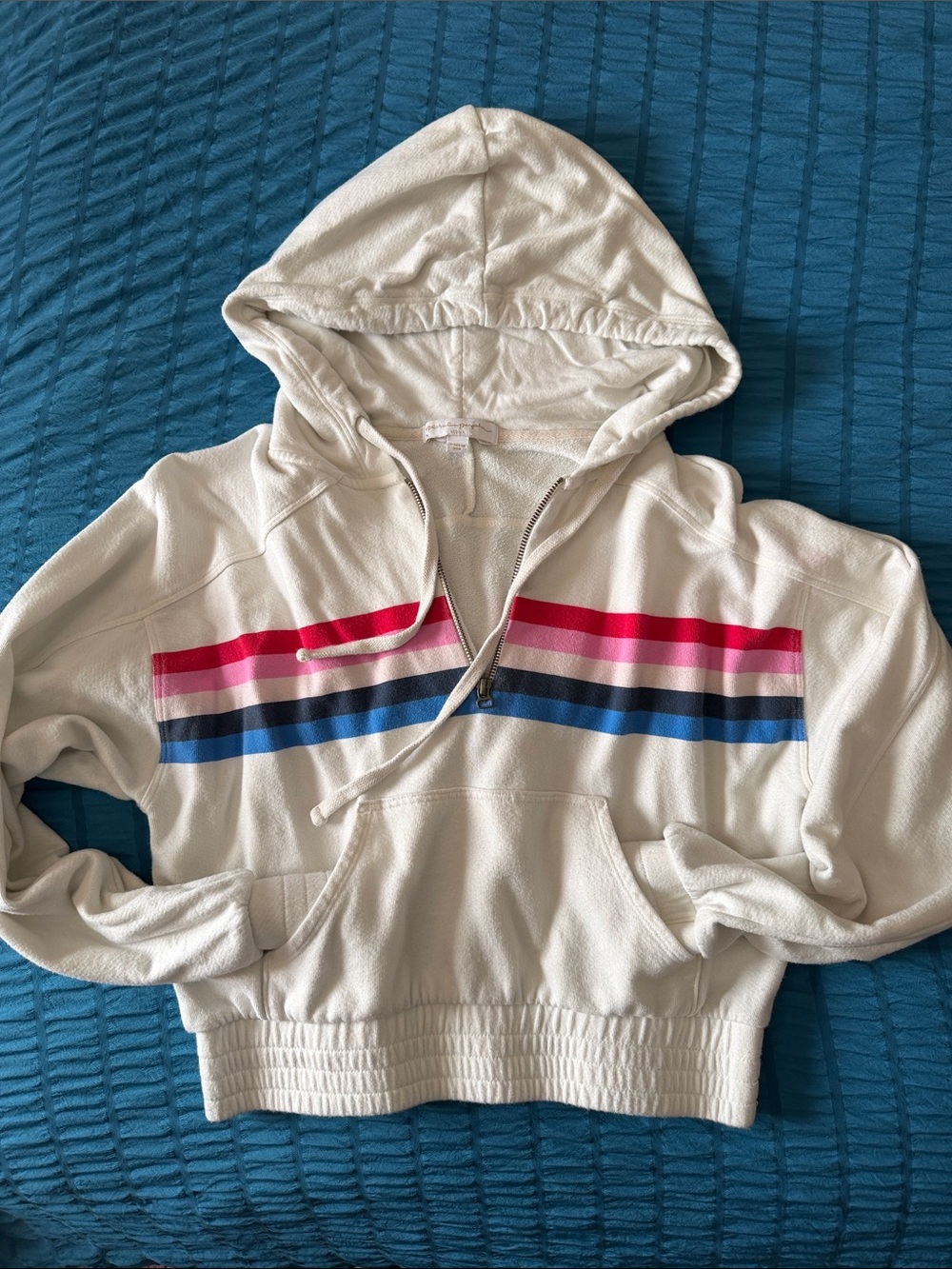 Spiritual Gangster white Terry Medium Hoodie with Pink and Blue Stripes